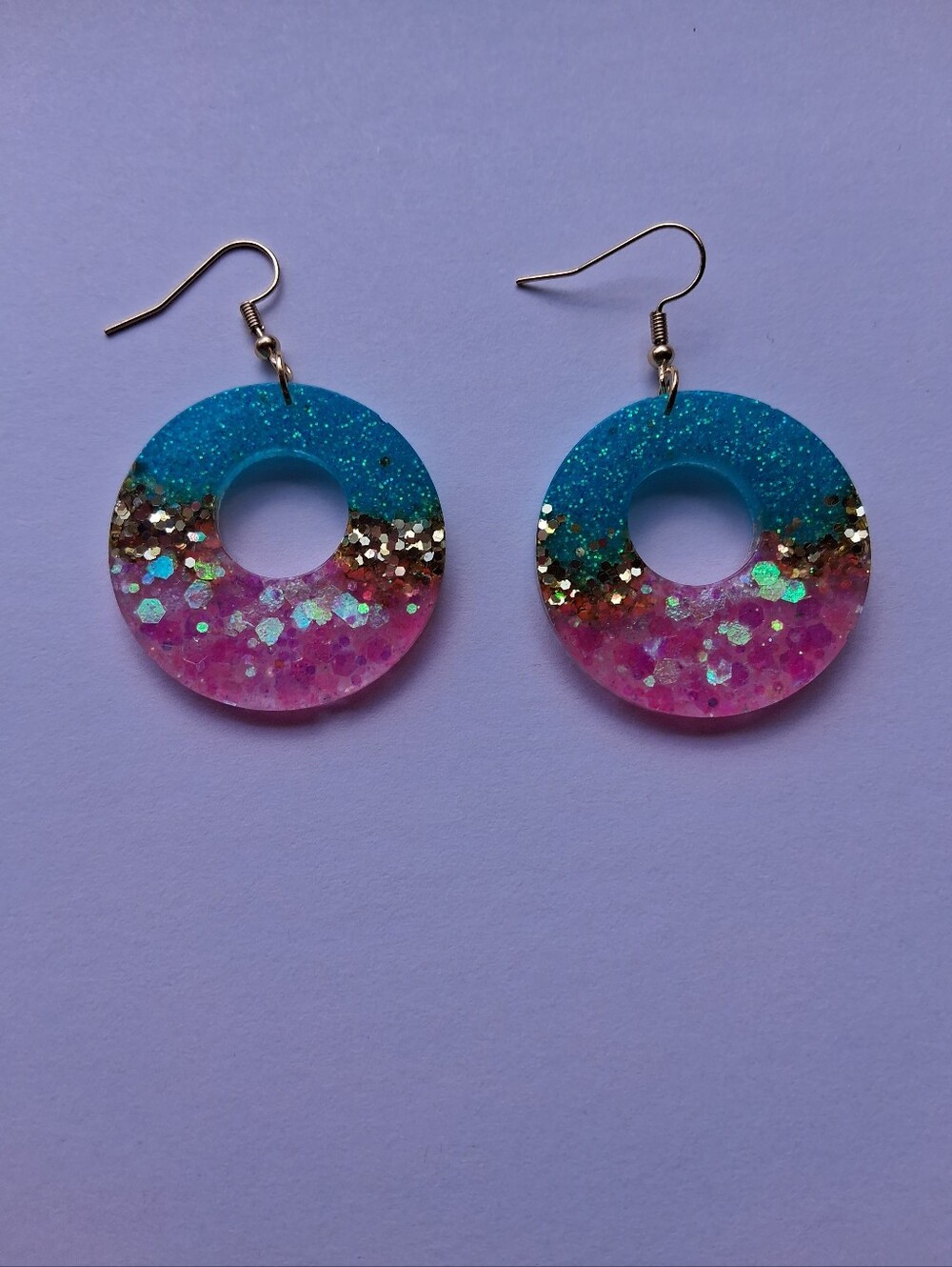 Hand Crafted Blue and Pink Glitter Donut Earrings with Gold Accents